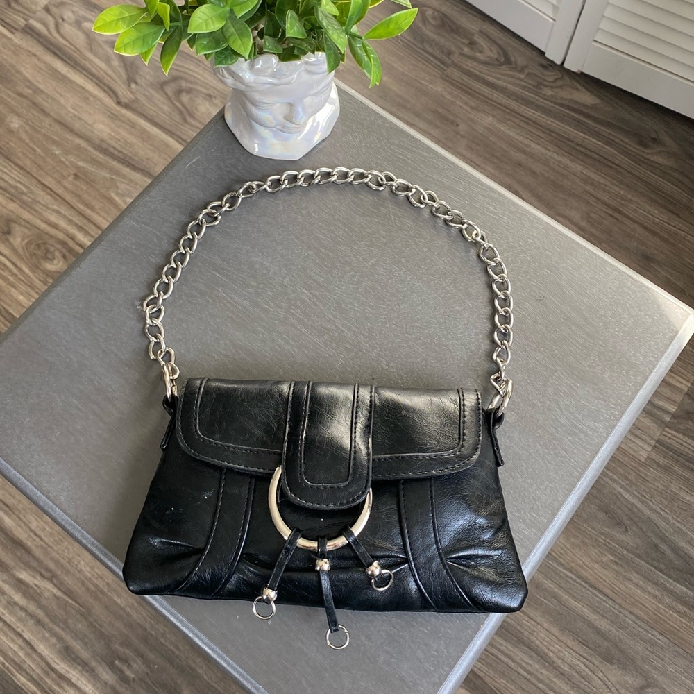 Y2K Faux Leather Buckle Metal Detail Punk Grunge Chain Detail Small Shoulder Bag
